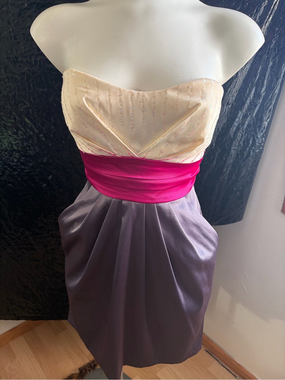 Ruby Rox Strapless Colorblock Party Dress - Cream, Fuchsia & Lavender